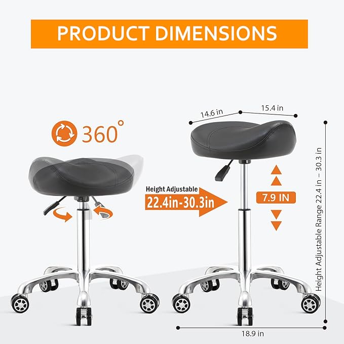 Saddle Stool Chair with Wheels,Ergonomic Swivel Rolling Height Adjustable for Salon Beauty Clinic Dentist Tattoo Home Office
