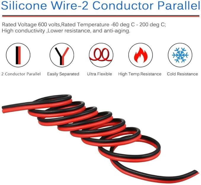 BNTECHGO 10 Gauge Flexible 2 Conductor Parallel Silicone Wire Spool Red Black High Resistant 200 deg C 600V for Single Color LED Strip Extension Cable Cord,Model,50ft Stranded Tinned Copper Wire