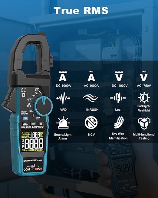 Clamp Meter DURFICST Digital Inrush Clamp Multimeter AC/DC 1000A 6000 Counts Amp Voltage Tester with VFD, LOZ Mode,Measures AC/DC Current Voltage NCV Temperature Resistance Capacitance Frequency