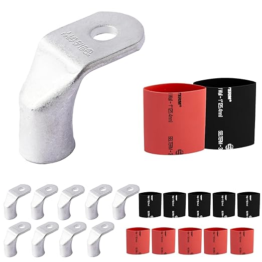 SELTERM 10pcs - 4/0 AWG 5/16" Stud - 90° Bent Battery Lugs - Ring Terminal Connectors with 12pcs 3:1 Black & Red 1" Heat Shrink Tubing- Heavy Duty Battery Cable Ends - Tinned Copper Wire Connector Kit