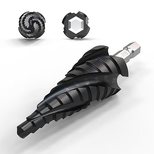Four Spiral Flute Step Drill Bit, 3/16" - 7/8"(12 Sizes) 1/4" Hex Shank Cobalt Step Drill Bit Fully Coated with TiAlN for Metal, Stainless Steel, Aluminum, Plastic