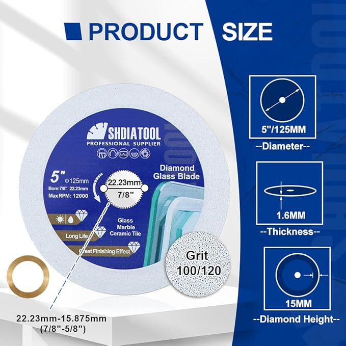 SHDIATOOL Diamond Glass Cutting Disc 5-Inch Saw Blade, Ultra-Thin Cut Off Wheel for Tile Ceramic Porcelain Marble 125mm (3 of Pack)