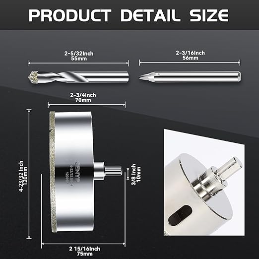 4-23/32inch | 120mm Diamond Hole Saw with Center Drill bit and Diamond-Coated Center Drill bit for Ceramic Glass Marble Fiberglass Granite and Porcelain Tiles by CENYB
