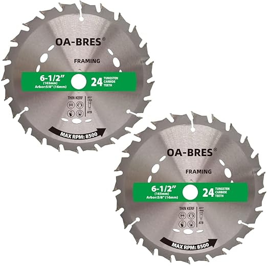 6-1/2-Inch 24-Tooth Circular Saw Blade with 5/8-Inch Arbor, TCT ATB Framing Blade for Wood Fast Cutting (2-Pack)