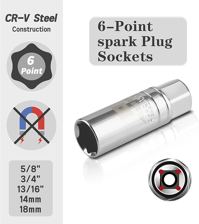 AEROFORCE 14PCS 3/8-Inch Drive Swivel Magnetic Spark Plug Socket Set with 3/8'' Torque Wrench (5-45 Lb.ft/6.8-61.2 Nm), Universal Joint & Extension Bar - Durable CR-V Steel for Easy Spark Plug Removal