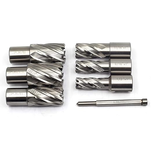 OSCARBIDE Annular Cutter Set 7 Pieces 3/4" Weldon Shank 1"Cutting Depth,1/2 to 1-1/16 inch Diameter,2 Flats Annular Cutters HSS Mag Drill Bits Kit for Magnetic Drill Press with 1 Pieces Pilot Pin