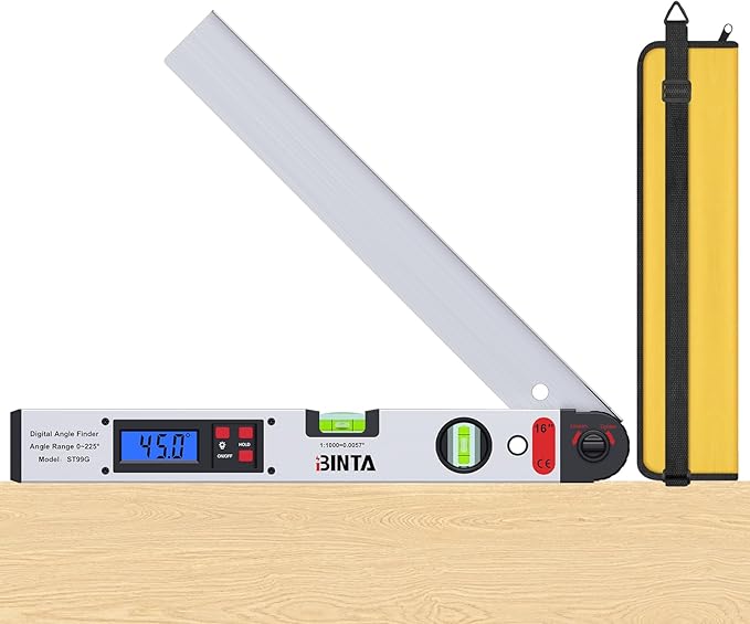 BINTA Digital Angle Finder 0-225° Range, Backlit LCD Aluminum Angle Finder Tool with Horizontal/Vertical Dual Bubble Meter Storage Bag for Woodworking, Machinery, Construction, DIY(Silver)