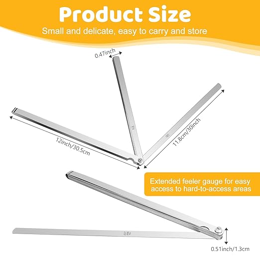 25 Blades Stainless Steel Long Feeler Gauge, Metric and Imperial Gap Measuring Tool Width and Thickness Feeler Gage Gauge for Spark Plug, Valve Adjustment Tool, 0.038-1.02mm