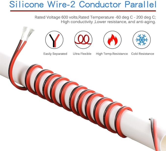 BNTECHGO 18 Gauge Flexible 2 Conductor Parallel Silicone Wire Spool Red Black High Resistant 200 deg C 600V for Single Color LED Strip Extension Cable Cord,Model,50ft Stranded Tinned Copper Wire