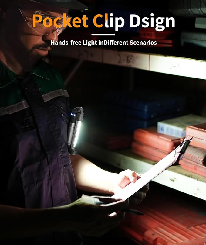 Magnetic Work Light - 800 Lumens Rechargeable Work Light with Multifunctional Foldable Design, 2200 mAh Mechanic Light, 3 Lighting Modes Magnetic Flashlight for Car Repairing/Emergency, 1 Pack