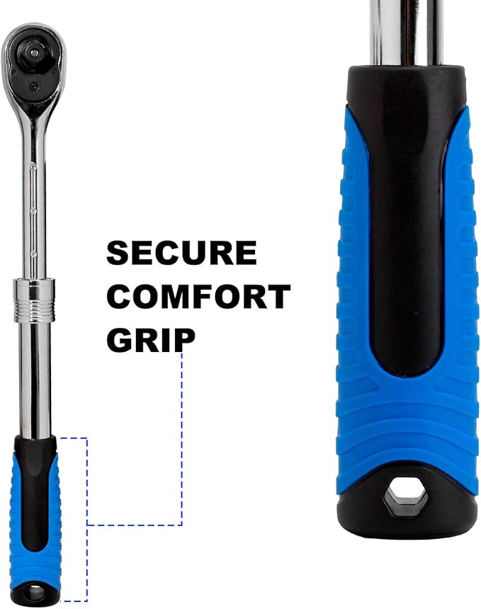 3-Piece 1/4" 3/8" 1/2-Inch Drive Socket Ratchet Set Extendable Handle Wrench Quick-Release Reversible Gear Torque Spanner Mechanical Tools