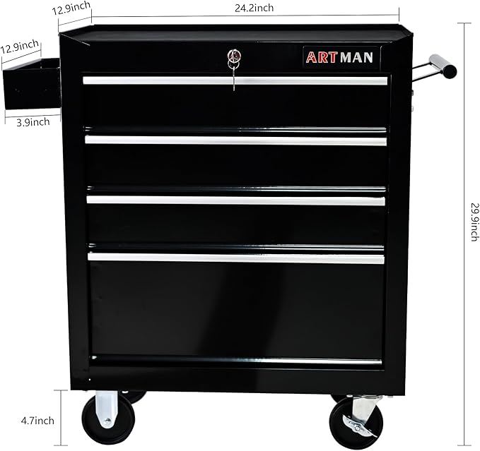 4-Drawer Rolling Toolbox Cabinet, Large Capacity Metal Toolbox with Wheels and Key Lock, Rolling Toolbox Organizer Toolbox, Heavy-Duty Industrial Service cart Storage Organizer