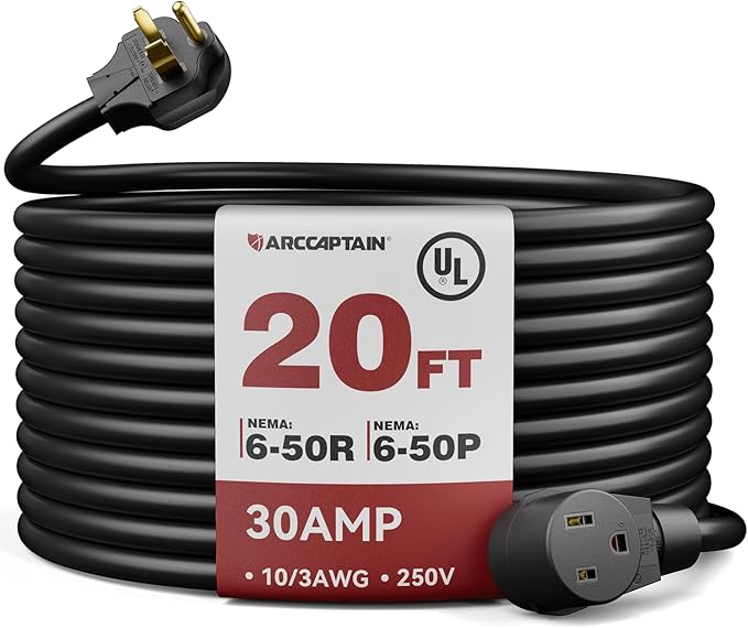 ARCCAPTAIN 30Amp 20ft Welder Extension Cord 10 AWG [UL Listed], 250V NEMA 6-50 Heat-Resistant Welding Cord 3 Prong for MIG/TIG/MMA Welder, Plasma Cutter