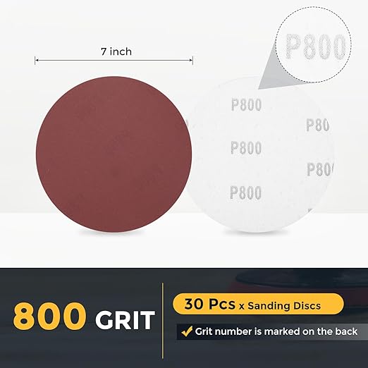 HARFINGTON 30 Pcs 7 Inch Sanding Disc 800 Grit Hook and Loop Sandpaper Random Orbital Sander Pads for Woodworking Automotive Metal Polishing