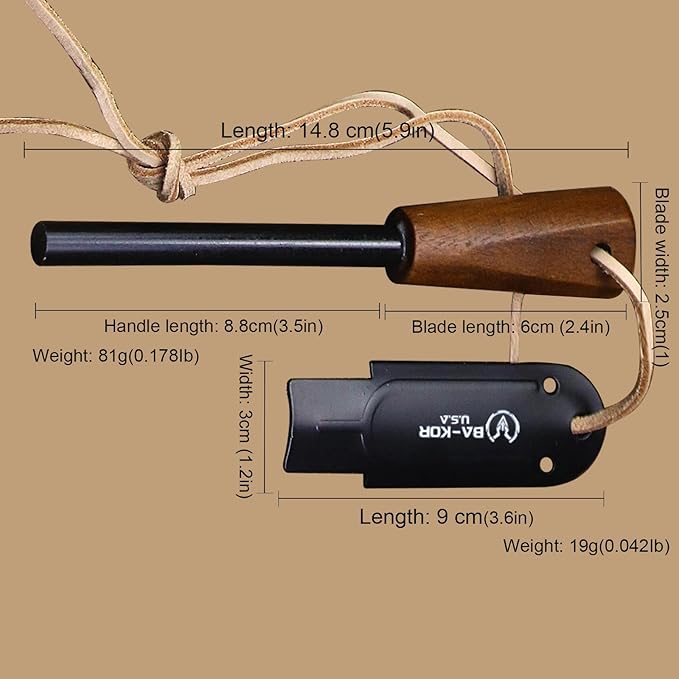 BA-KOR DC53 Steel 38CM (15.2IN) Full Tang 6mm Thick Fixed Knife+Sheath&(5.9IN) Cerium Igniter, Suitable for Outdoor Hunting, Camping, Survival Exploration, EDC