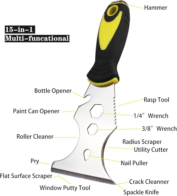 Multi-Painter's Stainless Steel Tool Spealloy Paint Scraper, Taping knife,3 in. Putty knife 15-in-1 Paint Scraper Hammer Head Soft Grip Handle Fixed Multi-Tool for Wood, Wallpaper Grout