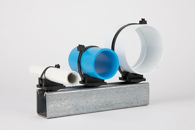 Strut Clamp for Piping and Conduit (10pcs & 100pcs), 3/8" to 5" Universal Size, Tool-Free Install, Made in USA, Non-Corrossive, Non-Conductive. (Uniclamp + Nylon Strap + HDPE Sleeve, 100)