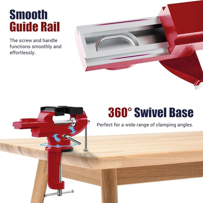 Nuovoware Table Vise 3 Inch, 360° Swivel Base Universal Home Vise Portable Bench Clamp, Clamp-on Vise Bench Clamps Fixed Tool for Woodworking, Metalworking, Cutting Conduit, Drilling, Sawing, Red