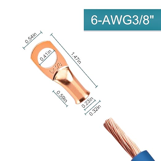 Battery Cable Ends, 8PCS 6 Gauge Wire Connectors 3/8 Copper Wire Lugs, Bare Copper Eyelets with Heat Shrink Tubing