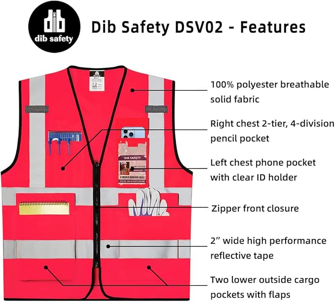Dib Safety Reflective Vest High Visibility with Pockets and Zipper, Pink M