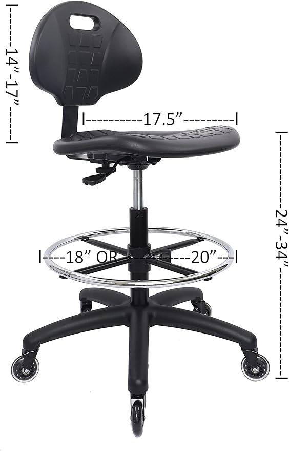 Chair Master (Tall Bench Stool, Rubber Roller Blade Stye Casters Easy to Clean! Ergonomic Polyurethane Drafting Stool. Seat Height Range 24"-34". Home Office Lab Workstation.