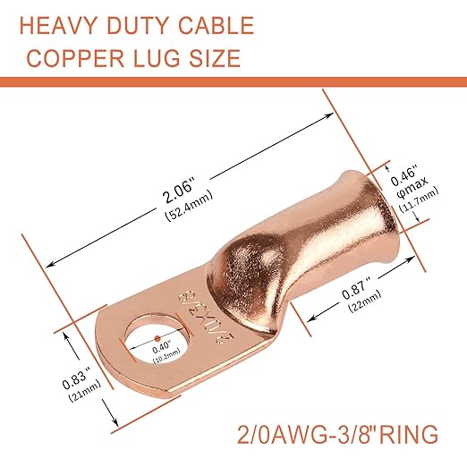 10pcs 2/0 AWG-3/8”(M10) Ring Terminals 00 Gauge Copper Wire Lugs Battery Cable Ends Heavy Duty Battery Cable Terminal Connectors