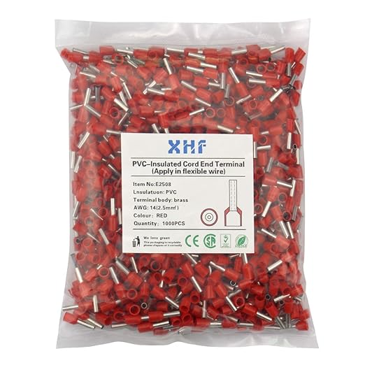 XHF 1000 PCS AWG 14/2.5mm² Wire Ferrules Insulated Copper Crimp Connectors, Crimp Pin Cord End Terminals Red