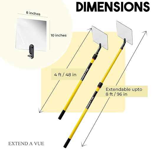 Telescoping Inspection Mirror - Standard Fiberglass, Lightweight & Durable, 4 ft - 8 ft Pole, 8 x 10 inch Acrylic Mirror