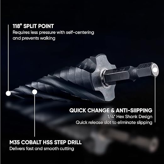 toolant Four Spiral Flute Cobalt Step Drill Bit(Pro), 3/16" - 7/8"(12 Step Size) Impact Ready Unibit Step Drill Bit, 1/4" Hex Shank Step Bit for Metal, Stainless Steel, Aluminum, Plastic