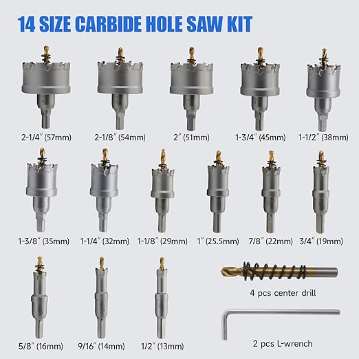 Pro Edge 20pcs Carbide Hole Saw Kit for Hard Metal, TCT 1/2"-2-1/4" Hole Cutter Set for Stainless Steel, Iron, Alloy, Aluminum, with Two Extra Titanium Plated Pilot Center Drill and Two L-Wrench