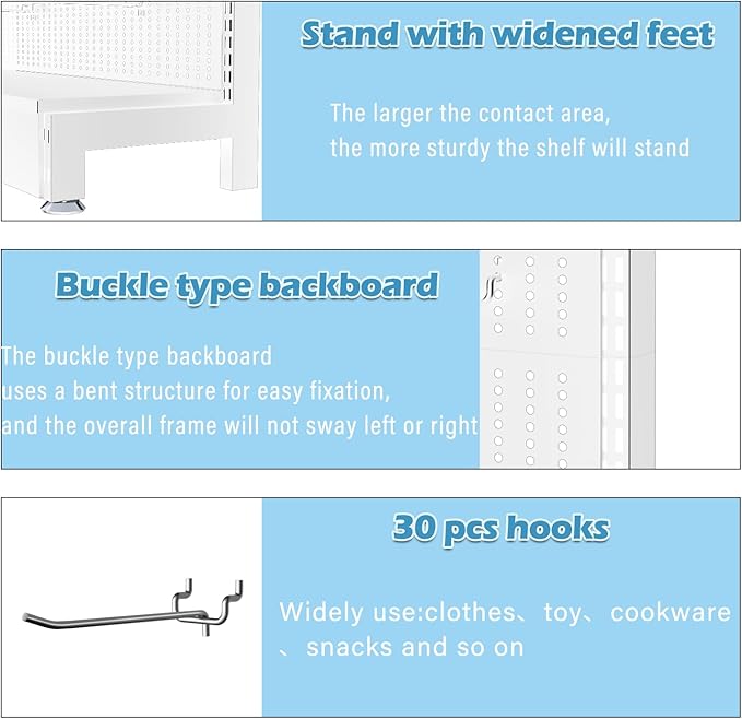 Metal Pegboard Panels - Peg Board Shelving with 30 Hooks,85x36x13 in,Portable Peg Board Organizer for DIY, Kitchen Decoration,Mobile Phone Shop/White