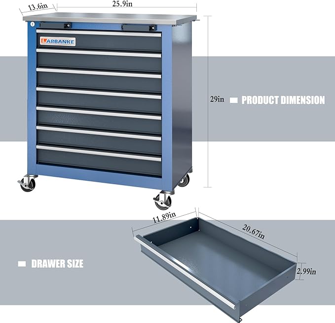 7-Drawer Rolling Toolbox,Tool Box with 360° Lockable Wheels and Padded Feet,Tool Chest with Keyed Locking System and Drawer Liners,can be Combined Storage System with Tool Chest