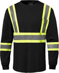 Hi Vis Safety Long Sleeve Shirts，High Visibility Class 3 T Shirts with Reflective Strips and Pocket, Quick Dry Mesh Construction Work Shirt for Men/Women (Black,5XL)