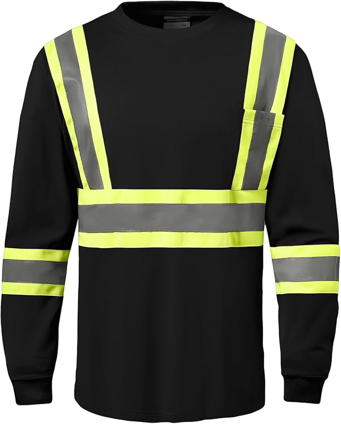 Hi Vis Safety Long Sleeve Shirts，High Visibility Class 3 T Shirts with Reflective Strips and Pocket, Quick Dry Mesh Construction Work Shirt for Men/Women (Black,5XL)