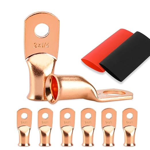 Battery Cable Ends, 8PCS 2 Gauge Wire Connectors 1/4 Copper Wire Lugs, Bare Copper Eyelets with Heat Shrink Tubing