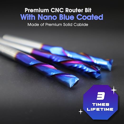 O-Flute Spiral Router Bit Set, 1/4 Inch Shank, Nano-Coated Solid Carbide CNC Router Bits for Aluminum, Plastic, Acrylic, Metal, Wood, MDF (2pcs 1/8"+1pcs 1/4")
