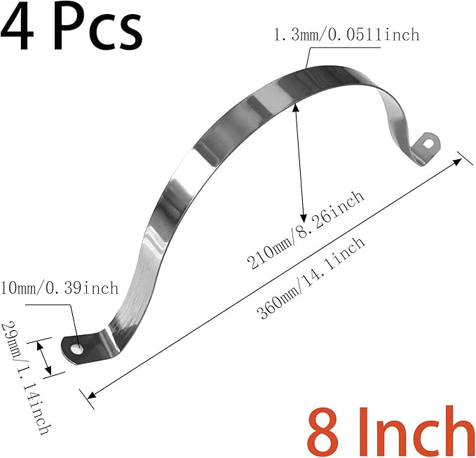 4 Pcs 8inch Rigid Pipe Strap,Two Hole Stainless Steel Strap U Bracket, Widened Tube Strap Tension Clip Assortment Kit Heavy Duty Pipe Clamp for Pipe Fixing（219mm）