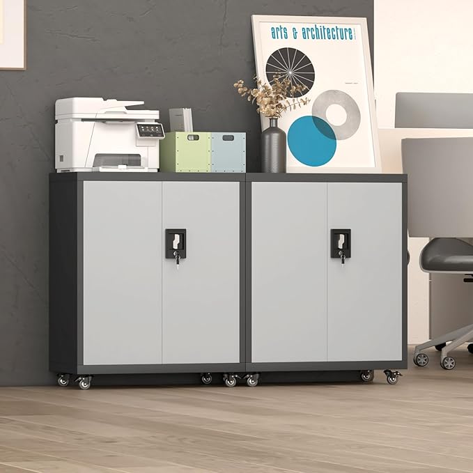 Metal Garage Storage Cabinet with Wheels,31.89" H Steel Lockable Cabinet with 2 Doors and 1 Adjustable Shelf, Small Rolling Cabinets for Home Office, Garage, BlackGrey