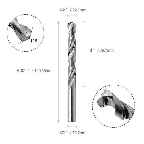 1/2" Solid Carbide Jobber Drill Bits with Straight Shank and 118° Point Angle, Made from Tungsten Carbide Material,1-Pieces