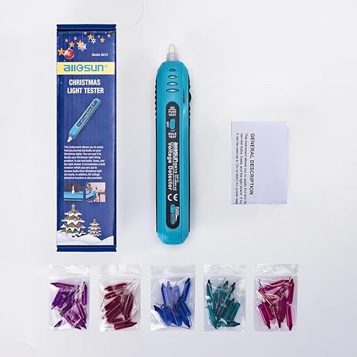 allsun Non-Contact Christmas Light Tester with 50pcs 2.5V Bulbs, 12-600Vac Fixer Fuse Detector