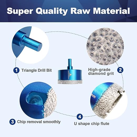Dry Diamond Core Drill Bit Set,BRSCHNITT 2 4/7 Inch (65mm) Diamond Hole Saw Core Drill Bit with Triangle Shank for Porcelain Tile Ceramic Stone Granite Marble