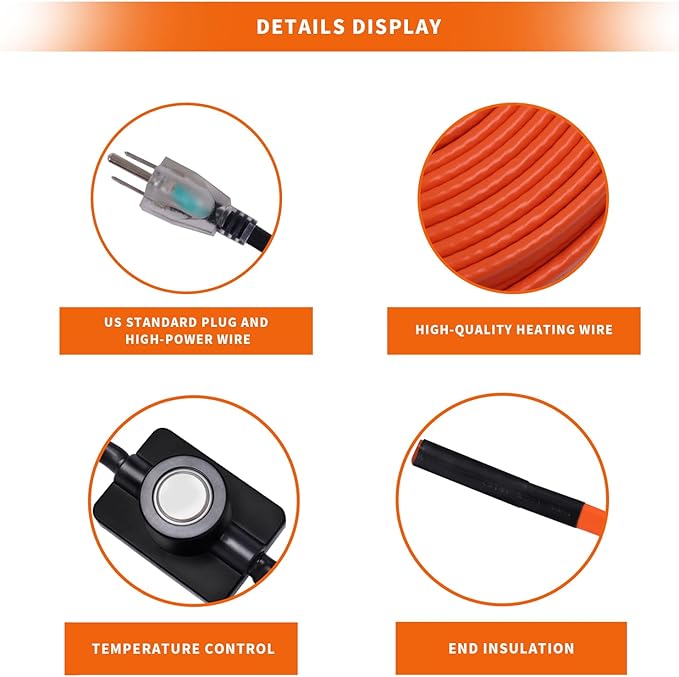 3FT Heat Tape for Water Pipes Freeze Protection IP65 Waterproof 7W/FT 110V,BDDFOTO Water Pipe Heat Cable With Thermostat Self-Regulating Pipe Heater for House Garden/RV Camper