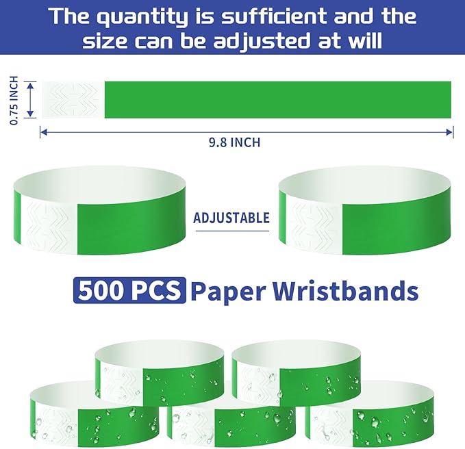 500 Pcs Green Paper Wristbands for Events Waterproof Neon Wrist Bands Adhesive Concert Identification Wristbands Hand Bands for Events (Green)