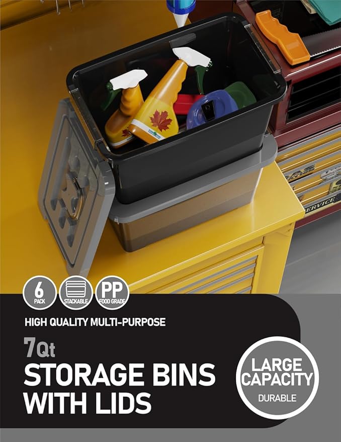 WYT 7 Quart Storage Bins with Lids and Latch, 6-Pack Stackable Plastic Organizing Box with Buckle and Handle, Durable Nestable Totes Containers (Black/Grey)