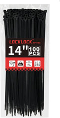 Zip Ties 14 inch(100 Pack), 60 lb, Black Heavy Duty Wire Ties, UV Resistant Cable Ties for Indoor and Outdoor Use, LOCKLOCK