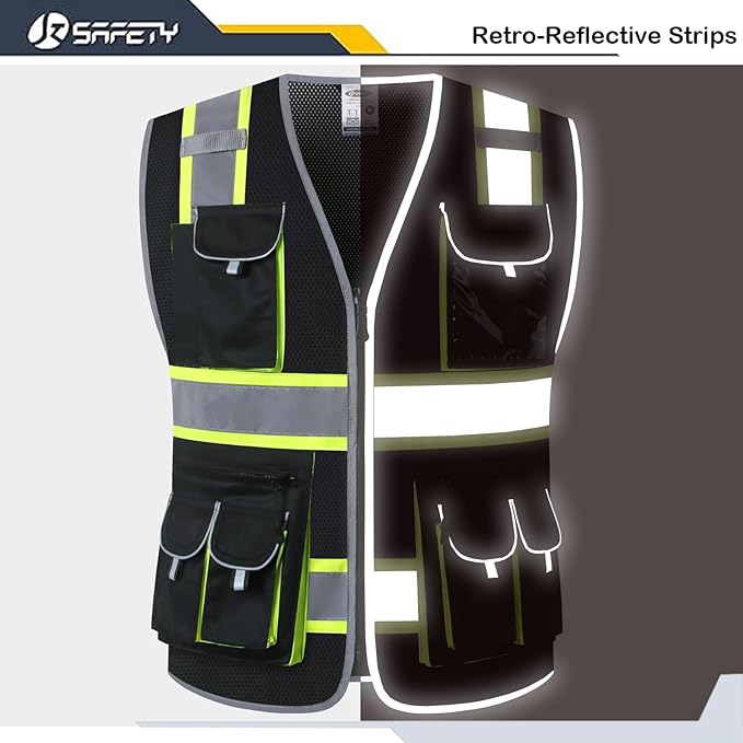 JKSafety 10 Pockets Hi-Vis Neon Color Frontal Zipper Mesh Safety Vest for Men Women Safety Utility for works Comply to ANSI/ISEA Standards (86-Black L)
