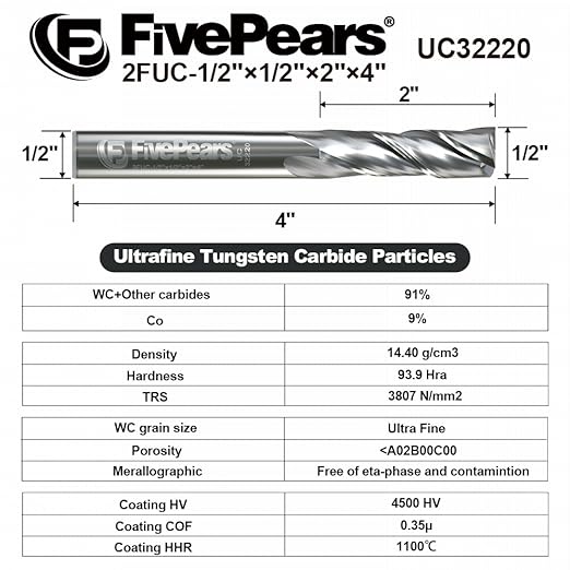 FivePears Up Cut Spiral Router Bit for CNC, 1/2 inch Cutting Diameter and 2 inch Cutting Length 1/2 inch Shank Carbide End Mill Router Bit for Wood Carving Engraving Grinding Grooving