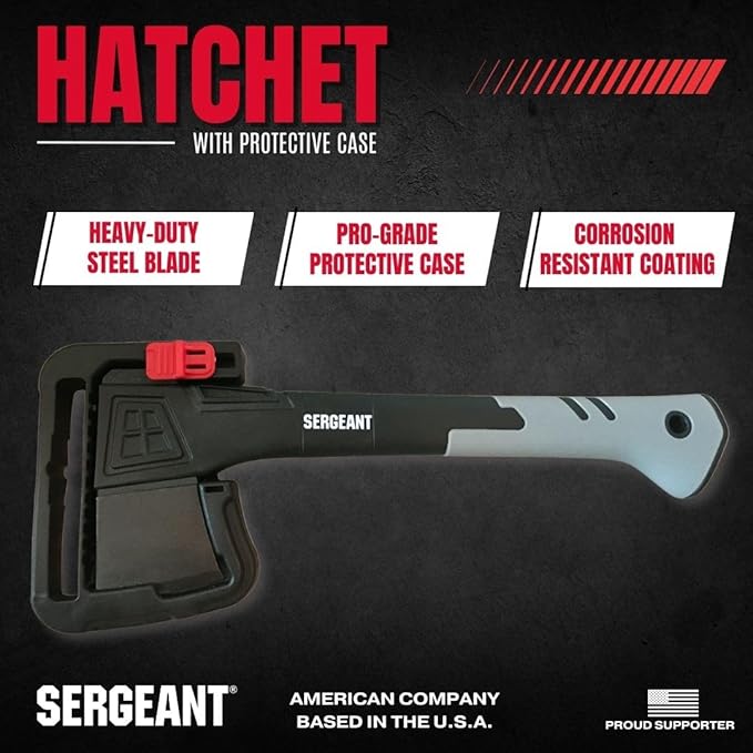 Camping Hatchet SGT-14 Inch, Camp Axe Survival Hatchet Tactical Outdoor Camping Axe w High Carbon Steel Blade, Lightweight Fiberglass Handle, and Compact Portable Design and Carrying Case.