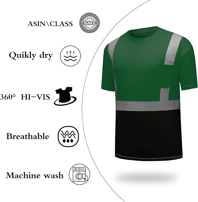 High Visibility Shirts Quick Dry Safety T Shirts with Reflective Strips and Pocket Short Sleeve Mesh Hi Vis Construction Work Class 2 Shirt for Men/Women Black Bottom Green,Medium