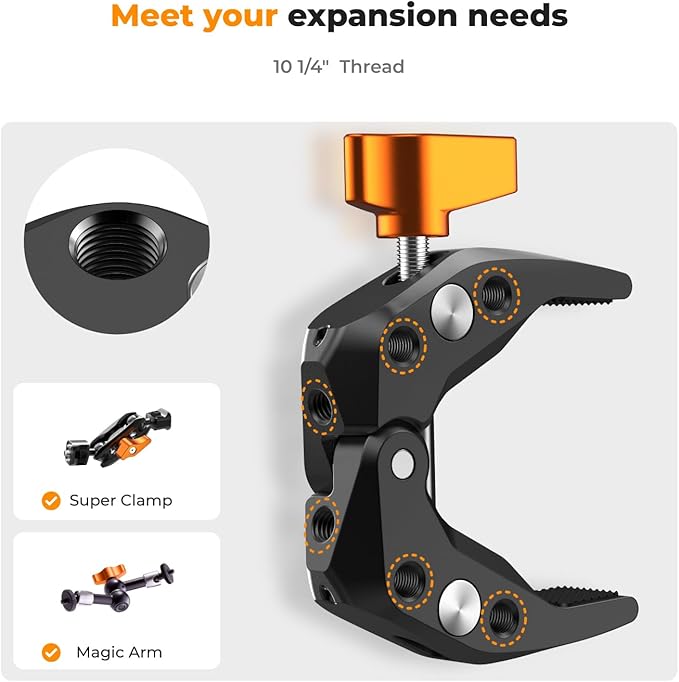 K&F Concept Camera Mount Clamp, Super Crab Clamp with 1/4" Thread Holes, 60mm Max Opening, Payload 11 Lbs/5kg, for Round Pipe Flat Surface, Monitors, LED Lights, and Other Photographic Accessories
